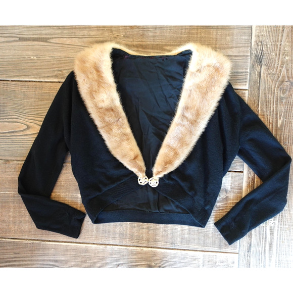 Unknown Sweaters - Vintage 1950s Cardigan Black Cashmere Mink Fur Collar Jeweled Retro Glam Sweater